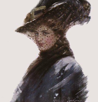 帽子とベールを身に着けている女性の肖像画 作： Clarence F. Underwood